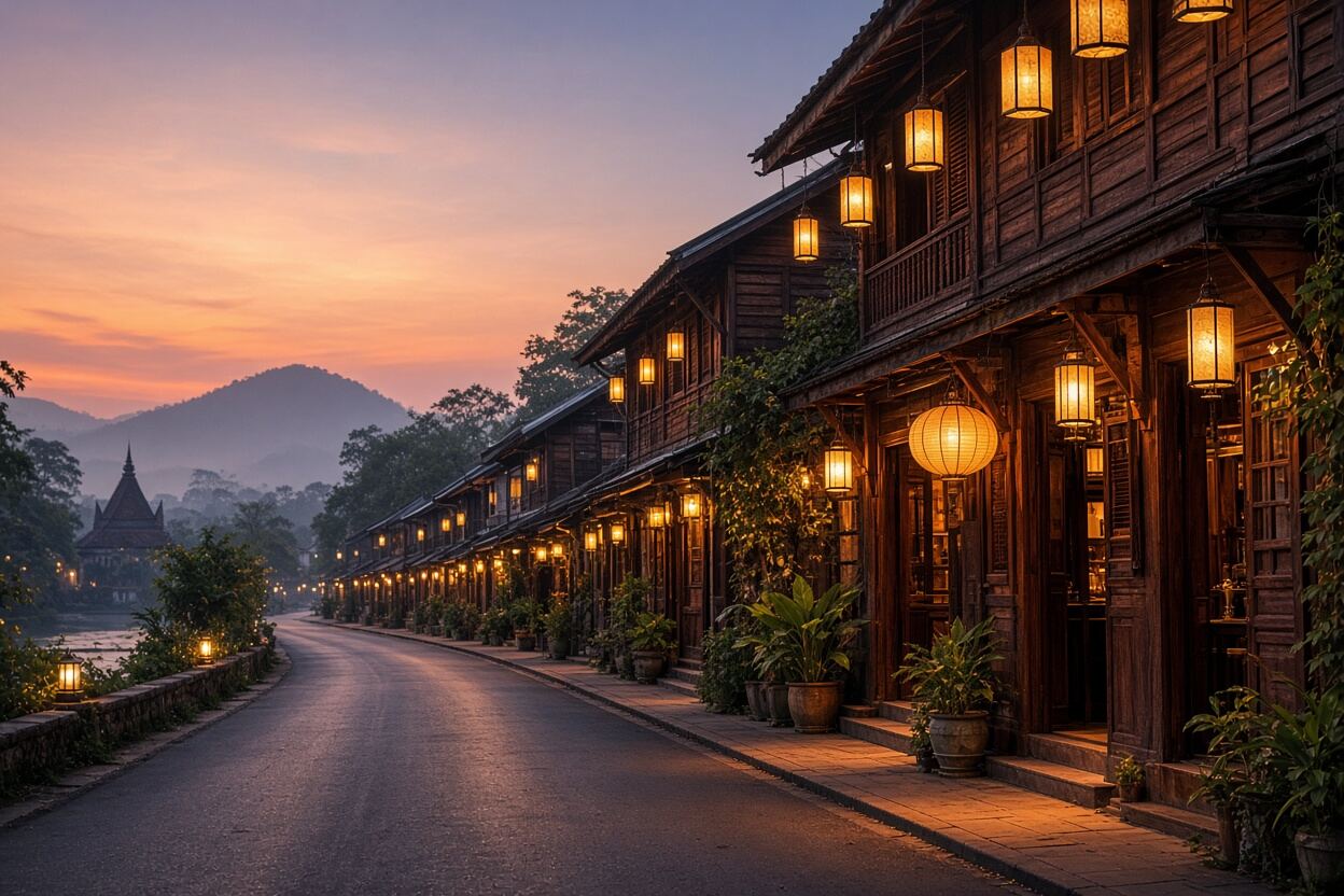Lantern-lit wooden street in Luang Prabang at dusk